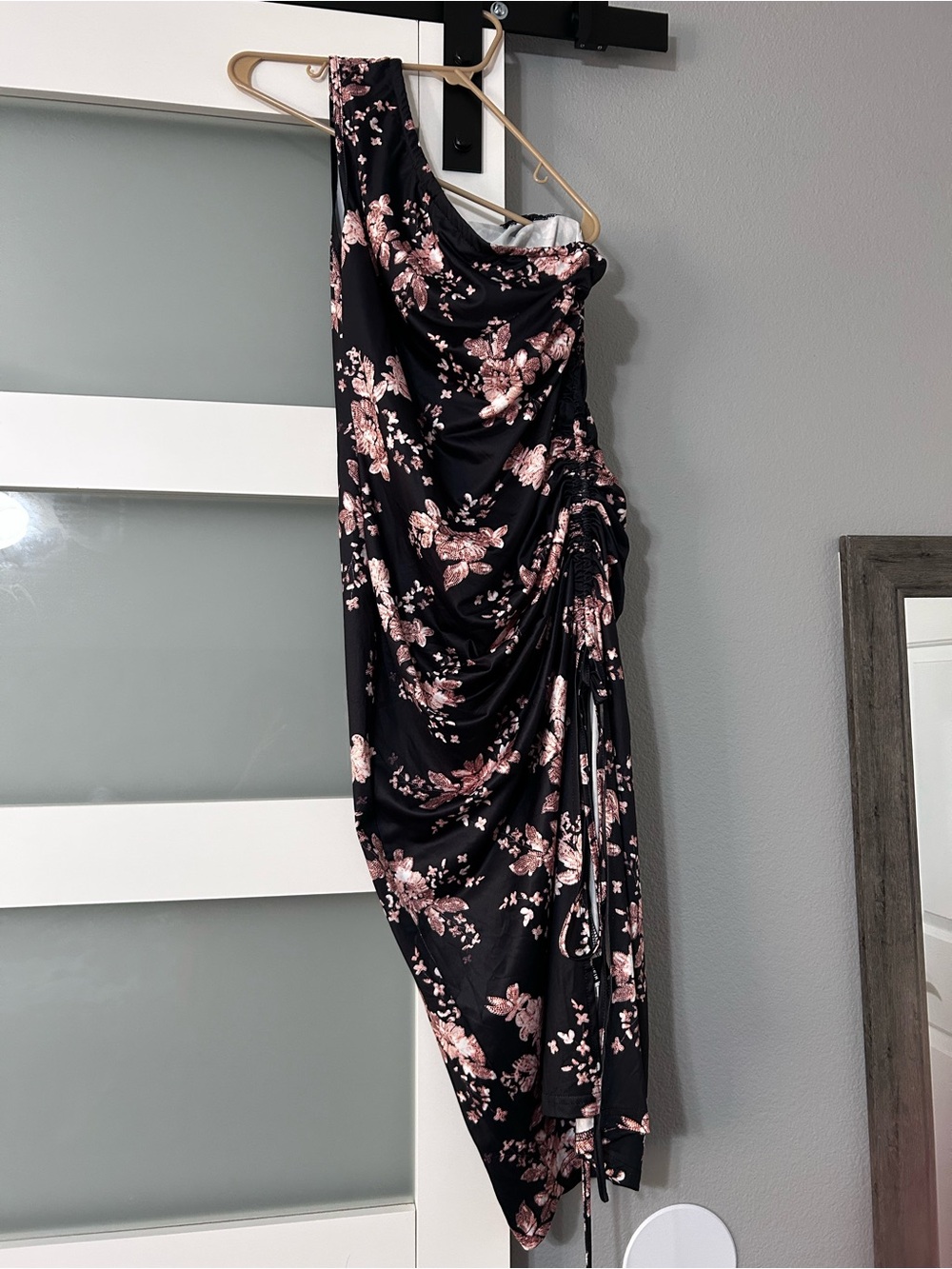 Black Floral One-Shoulder Ruched Dress - Pink Floral
